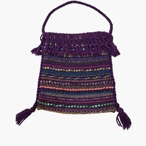 Vintage Hand Woven Purple Yarn Fringe Bag Nellie Burnham Boho Textile Purse 70s